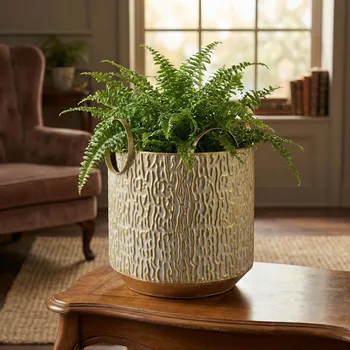 Obal na květináč Obal na květináč s uchyty MONDEX VINTAGE GLOW 22 × 27 cm bílo-zlatý