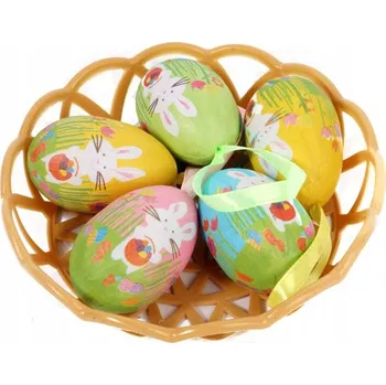 Velikonoční dekorace VELIKONOČNÍ VAJÍČKA V KOŠÍČKU ZÁVĚSNÉ 5 KUSŮ - VAJÍČKA 6CM + KOŠÍČEK
