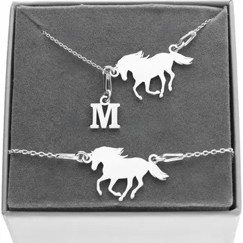 Souprava šperků SADA STŘÍBRNÝCH ŠPERKŮ 925 KONÍK S PÍSMENEM, PÍSMENO KŮŇ GRAVÍROVÁNÍ