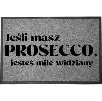 VCHODOVÁ ROHOŽKA ŠEDÁ 40X60 KE DVEŘÍM S HUMOREM "VÍTÁME S PROSECCO"