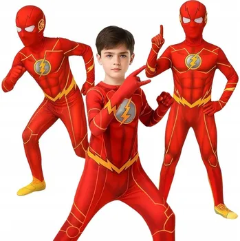 Karnevalový kostým KOSTÝM PŘEVLEK FLASH SUPERHRDINA MASKA BLESK KARNEVALOVÝ PLES 128 134