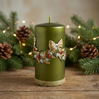 Svíčka Parafínová svíčka válec s aplikací ARTMAN GIRLANDA 7 × 14 cm zelená