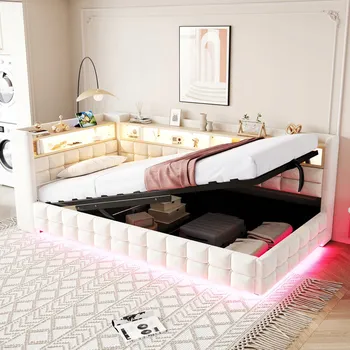 Postel Čalouněná postel rozkládací pohovka Hydraulická police 90x200 LED USB béžová