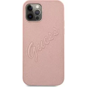 Pouzdro na mobilní telefon GUESS PU Saffiano Vintage Script Zadní Kryt pro Apple iPhone 12 Pro Max růžovo-zlatá (3666339002732)