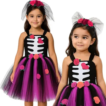 Karnevalový kostým KOSTÝM COCO KOSTLIVKA PŘEVLEK NA HALLOWEEN ŠATY TUTU 122 134 CM