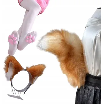 Karnevalový kostým SADA KOSTÝM KOŽEŠINOVÝ OCAS UŠI ZAVINOVAČKY KOČKA LIŠKA COSPLAY FURRY - RUDÁ