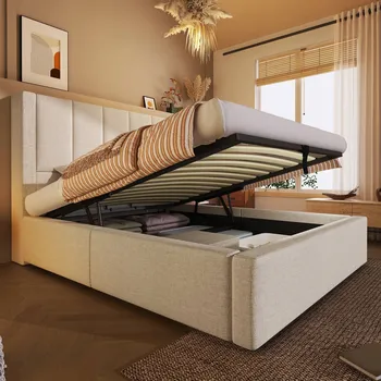 Postel Čalouněná postel Jednolůžko 90x200 Hydraulické Zvedání Béžová