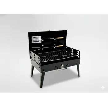 Zahradní gril BBQ Meeting SKLADACÍ TURISTICKÝ GRIL S KUFRÍKEM A VIDLICÍ A LOPATKOU 43 x 26,5 x 46,5 CM *4841