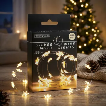 Lampička LED světelný řetěz hvězdičky na baterie vnitřní MONDEX SILVER WIRE LIGHTS 195 cm 40 LED teplá bílá