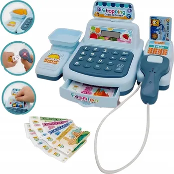 Hra na obchod DĚTSKÁ POKLADNA S SKENEREM, TERMINÁLEM, BANKOVKAMI, ZVUKEM A SVĚTLEM