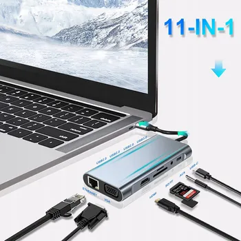 HUB 11v1 USB-C 4K HDMI VGA USB 3.0 PD RJ45 čtečka SD/TF karet 3,5mm AUX TW11A