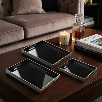 Sada dekorativních táců se zlatým okrajem MONDEX BLANCHE BLACK 40x30x4 / 35x25x3,5 / 30x20x3,5 cm černé 3 ks