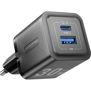 Mobilní telefon Nabíječka do sítě Vention 2-Port USB (C + A) GaN Charger (30W/30W) EU-Plug Black