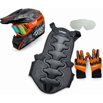 Helma na motorku MARKSTORE Set ochranných prostředků černý - Cross helma + rukavice + brýle + chránič páteře