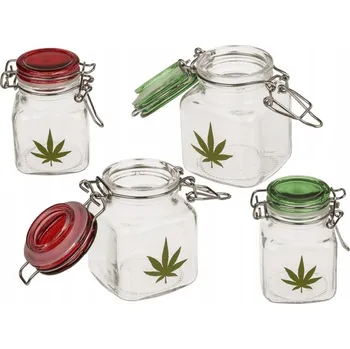 Sklenice Skleněná zavařovací sklenice s motivem konopí - malá dóza s klipem 7 cm