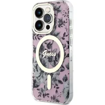 Pouzdro na mobilní telefon GUESS PC/TPU Flowers IML MagSafe Kompatibilní Zadní Kryt pro Apple iPhone 14 Pro růžová (3666339115579)