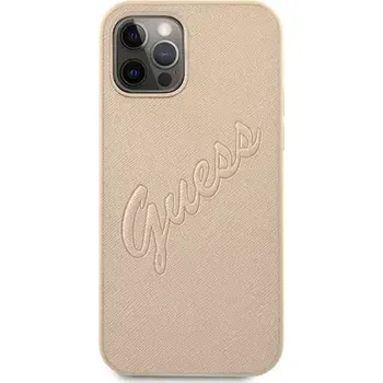 Pouzdro na mobilní telefon GUESS PU Saffiano Vintage Script Zadní Kryt pro Apple iPhone 12 Pro Max zlatá (3666339004439)