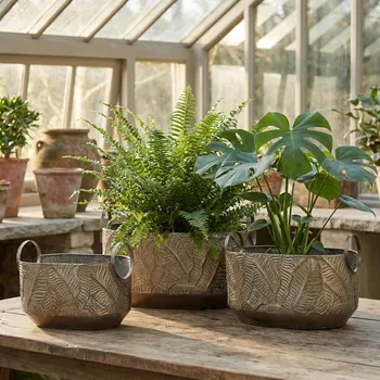 Obal na květináč Sada obalů s držadly MONDEX MARINA LEAF zlatá 3 ks