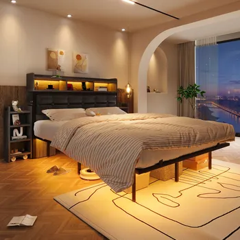 Postel Čalouněná postel Dvoulůžko 140x190 cm USB C LED noční stolek šedá