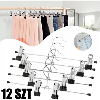 Věšák 12 Ks Kovové věšáky na kalhoty a sukně s klipy, Nerezová Ocel