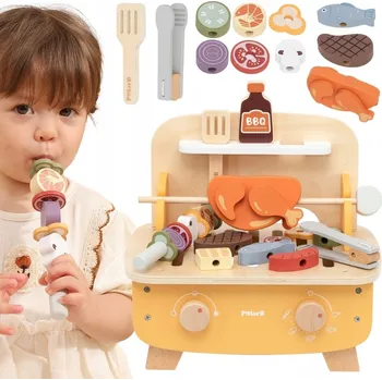 Dřevěná hračka DŘEVĚNÝ GRIL SADA NA GRILOVÁNÍ BBQ SADA 22 DÍLŮ KUCHYŇKA PRO DĚTI VIGA
