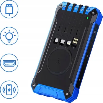 Powerbanka SOLÁRNÍ POWERBANKA 10000MAH MODRÁ 4 USB KABELY SVÍTILNA PRO TELEFONY