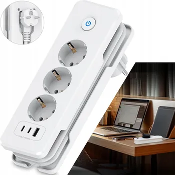 Napájecí kabel Prodlužovací Kabel, Zásuvková Lišta, 3 zásuvky, 230 V, 2 porty typu C, 1.5 M