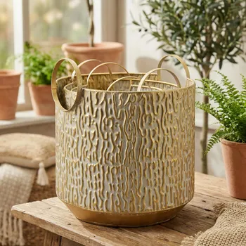 Obal na květináč Ochranné kryty s držadly MONDEX VINTAGE GLOW 33×32×30 cm zlaté 3 ks