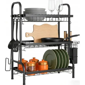 Odkapávač na nádobí TŘÍÚROVŇOVÝ odkapávač na nádobí stojící, velký, černý, odkapávač na talíře