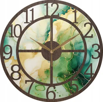 Hodiny Nástěnné hodiny Dekorace Dub wenge se Zeleným Mramorem + zlatá 35 cm