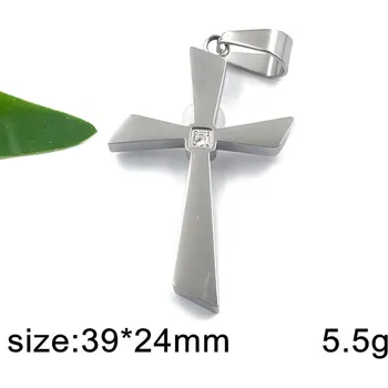 Přívěsek Moderní kříž s umělým světlým kamínkem uprostřed - ocelový přívěsek