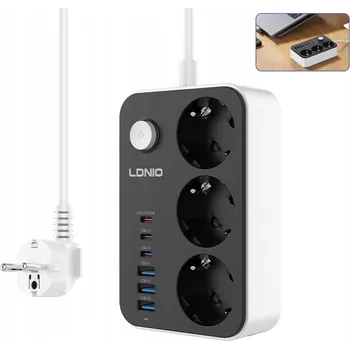 Napájecí kabel Prodlužovací Kabel Zásuvková Lišta Síťová 2M 3 zásuvky 230V + 3X USB + 3X USB-C