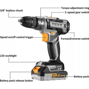 DEKOPRO aku vrtačka 20V 40Nm 18+1 LED rychlostních stupňů Sada s příslušenstvím