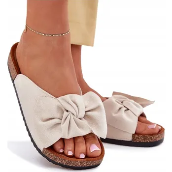 Dámské pantofle NAZOUVÁKY DÁMSKÉ Z EKO SEMIŠE NA KORKOVÉ PODRÁŽCE S MAŠLÍ BÉŽOVÉ 36