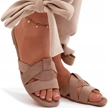 Dámské pantofle NAZOUVÁKY DÁMSKÉ EKO SEMIŠOVÉ PLOCHÉ S PÁSKY TMAVĚ BÉŽOVÉ 40