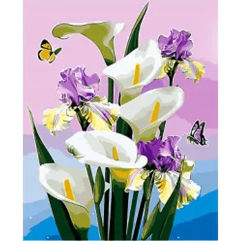 Obraz Vikpap - malování podle čísel 30 × 40 cm - Bílé lilie a fialové kosatce