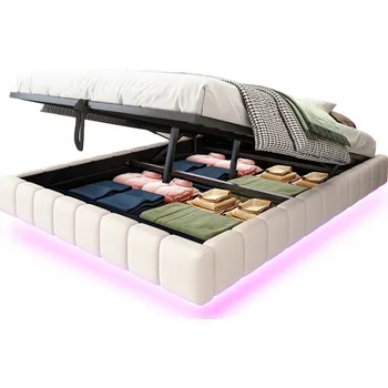 Postel Manželská postel 140x200 cm Čalouněná postel s hydraulickým mechanismem LED osvětlení béžová