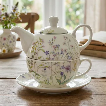 Konvice na čaj Džbánek s šálkem a podšálkem TEA FOR ONE MONDEX FACCIA VERDE 280 ml / 410 ml s květy