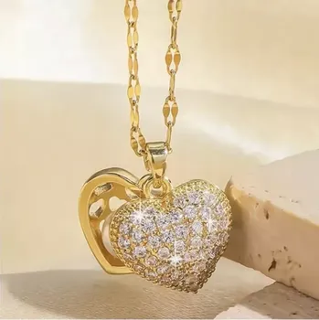 Řetízek Dámský řetízek s přívěškem srdce DN08 (Dámský zlatý řetízek s přívěškem srdce + perla - lesklé kamínky zirkony)