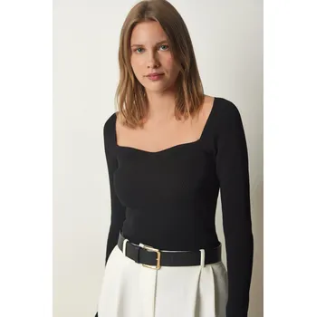 Happiness İstanbul Women's Black Heart Neck Ribbed Knitwear Sweater Happiness İstanbul černá 2090541