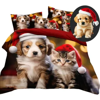 Povlečení Vánoční 3D povlečení REALISTICKÝ VZOR 160x200 + 2 povlaky na polštáře, KOČKA, PES