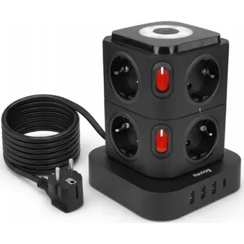 Elektrická zásuvka Huslog HUS1054 nabíjecí stanice 15W 8x zásuvka,1x USB-C,3x USB,1x LED světlo černá