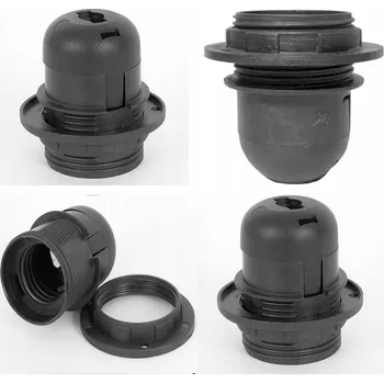 Objímka na žárovku Objímka E27 s PEVNÝM límcem, patice žárovky se závitem a maticí, ČERNÁ