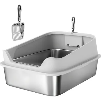 PawHut nerezová otevřená kočičí toaleta s naběračkou, vysoký okraj, pro velké kočky do 12 kg, 69,8 x 50,3 x 29,8 cm, šedá