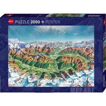 Puzzle ALPSKÝ SVĚT HORSKÁ MAPA PUZZLE 2000 DÍLKŮ HEYE