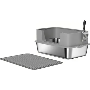 PawHut nerezová otevřená kočičí toaletní toaleta s naběračkou, rohož s vysokými boky pro kočky do 7 kg, 60,2 x 40,2 x 29,5 cm, šedá