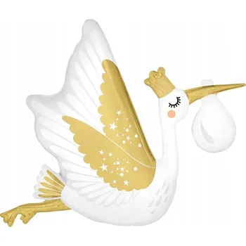 Balónek Fóliový balónek Čáp se zlatou korunou na Baby Shower – 88 x 71 cm