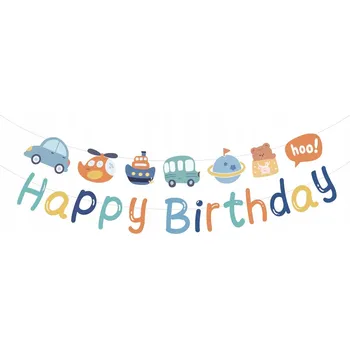 Nápis HAPPY BIRTHDAY Narozeninová girlanda Auta Letadlo Loď Medvídek Ráček