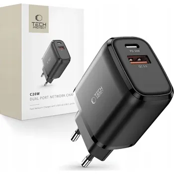 Síťová nabíječka Tech-Protect C20W USB-C PD 20W / USB-A QC 3.0, černá