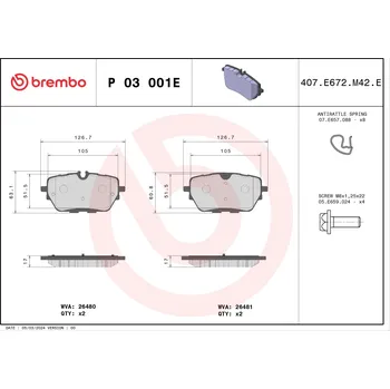 Brzdová destička Sada brzdových destiček, kotoučová brzda BREMBO P 03 001E